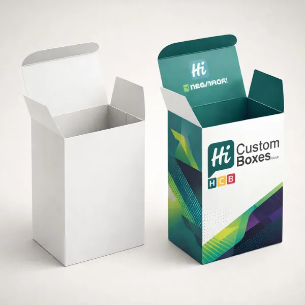 Two upright tuck-end product boxes- including a plain white sample and a fully printed design-